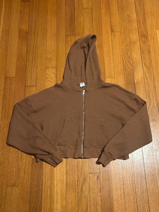 Aritzia Tops - Aritzia TNA Cropped Brown Waffle Knit Zip Up Hoodie Women’s 2